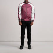 Close-Up Detail of Varsity &amp; Zipper Hardware on Clarke Maroon Varsity Jacket