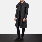 Distressed Black Sheepskin Snuffed Trench Coat - Back View Showing Tailored Shoulder Fit &amp; Clean Hemline