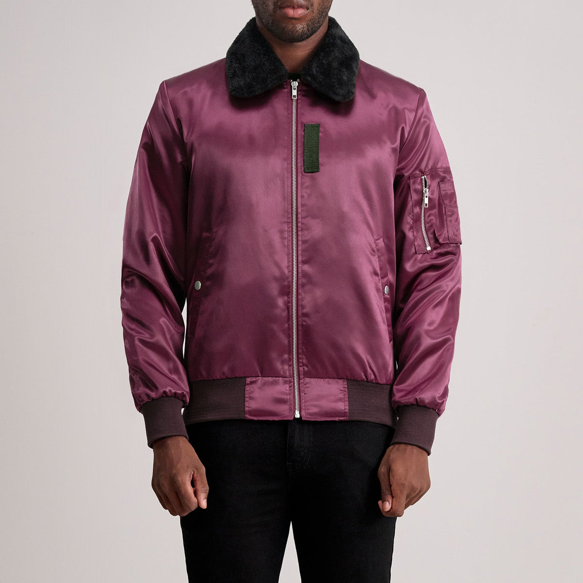 Clyde B-15 Maroon Bomber Jacket in Maroon Satin - Front Profile View &amp; Tailored Silhouette | Buy Online