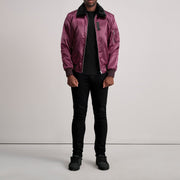 Close-Up Detail of Removable faux fur collar &amp; Zipper Hardware on Clyde B-15 Maroon Bomber Jacket