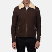 Close-Up Detail of Shirt with Removable Fur Collar &amp; Zipper Hardware on Men's Coffner Brown Shearling Fur Jacket