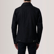 Close-Up Detail of Classic Collar &amp; Heavy-Duty Zipper Hardware on Conard Black Denim Trucker Jacket For Men