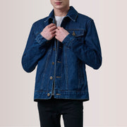
Conard Dark Blue Denim Trucker Jacket For Men in Dark Blue Full-Grain Leather - Front Profile View & Tailored Silhouette | Buy Online