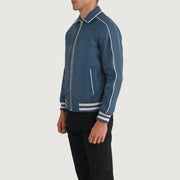 Blue Sheepskin Leather Varsity Jacket - Back View Showing Tailored Shoulder Fit &amp; Clean Hemline