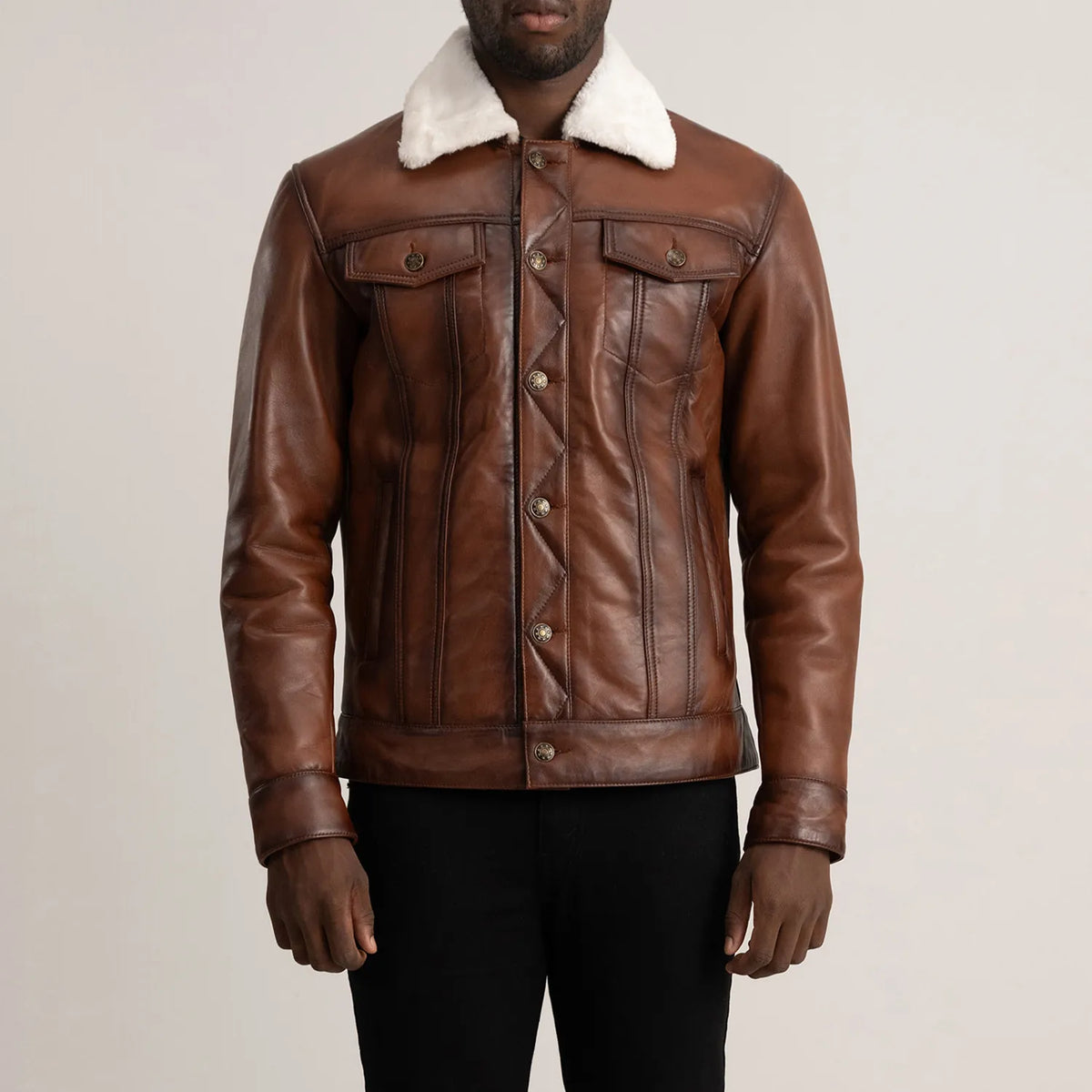 
Close-Up Detail of Classic Collar & Button Hardware on Dallis Brown Leather Shearling Trucker Jacket