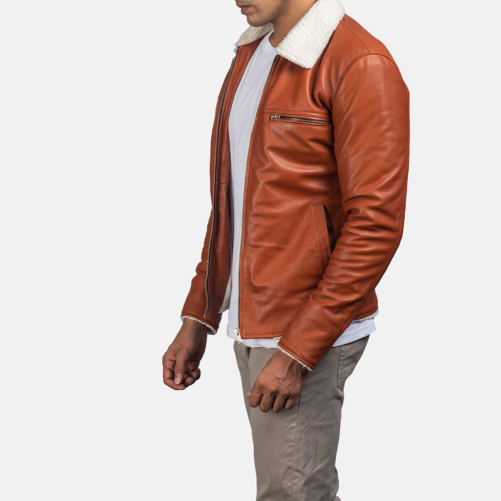 Close-Up Detail of Shirt &amp; Zipper Hardware on Men's Dan Frost Tan Shearling Jacket