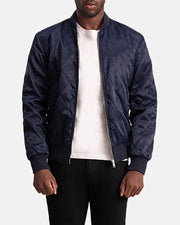 
Danson Quilted Blue Varsity Jacket - Lateral Side Profile View Showing Sleeve Cut & Athletic Taper Fit