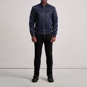
Close-Up Detail of Varsity & Zipper Hardware on Danson Quilted Blue Varsity Jacket