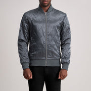 Danson Quilted Grey Varsity Jacket in Grey Satin - Front Profile View &amp; Tailored Silhouette | Buy Online