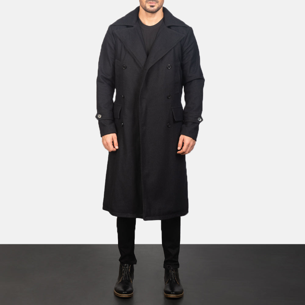 Men's Detective Black Wool Coat - Lateral Side Profile View Showing Sleeve Cut &amp; Athletic Taper Fit