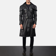
Black Cowhide Leather Trench Coat - Back View Showing Tailored Shoulder Fit & Clean Hemline