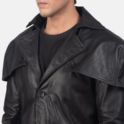 
Close-Up Detail of Classic Collar & Buttons + Belt Hardware on Men's Deux Black Leather Duster