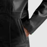Close-Up Detail of Notch & Button Hardware on Men's Don Long Black Leather Coat
