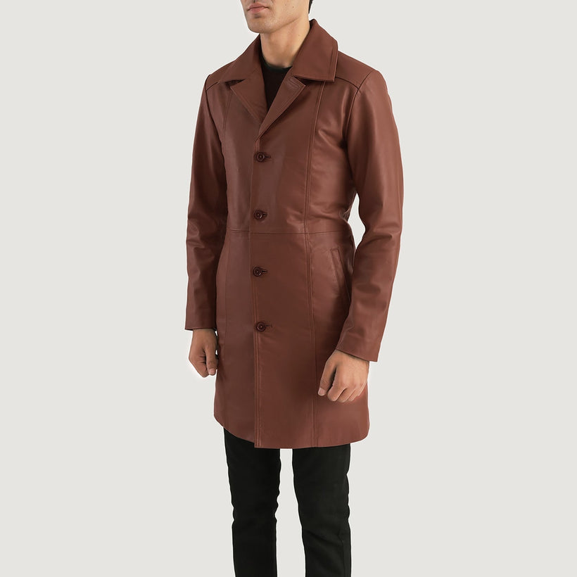 Brown Cowhide leather Coat - Back View Showing Tailored Shoulder Fit & Clean Hemline