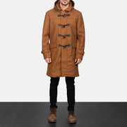 
Close-Up Detail of Shirt with Removable Hood & Toggle Buttons with Placket & Zipper Hardware on Men's Drake Khaki Wool Duffle Coat