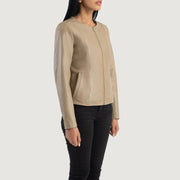 
Beige Sheepskin Leather Biker Jacket - Back View Showing Tailored Shoulder Fit & Clean Hemline