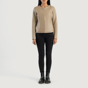 
Elixir Beige Collarless Leather Jacket - Lateral Side Profile View Showing Sleeve Cut & Athletic Taper Fit
