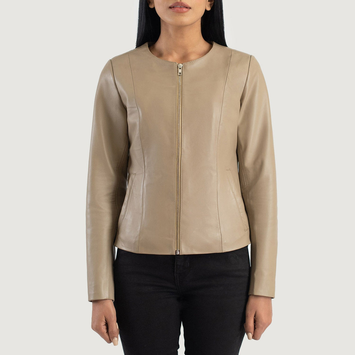 
Close-Up Detail of Collarless & Zipper Hardware on Elixir Beige Collarless Leather Jacket