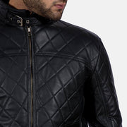 
Equilibrium Black Leather Jacket - Lateral Side Profile View Showing Sleeve Cut & Athletic Taper Fit