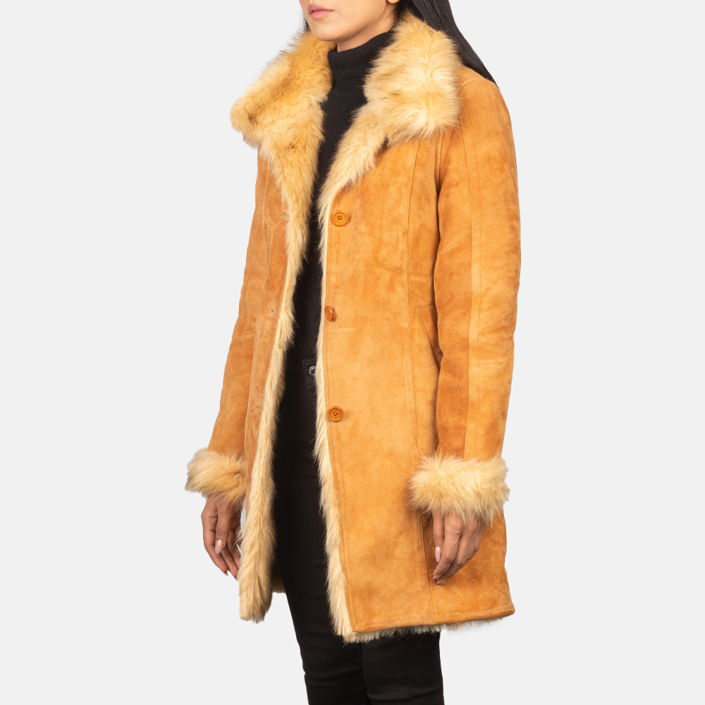 
Distressed Beige Goatskin Suede Leather Coat - Back View Showing Tailored Shoulder Fit & Clean Hemline