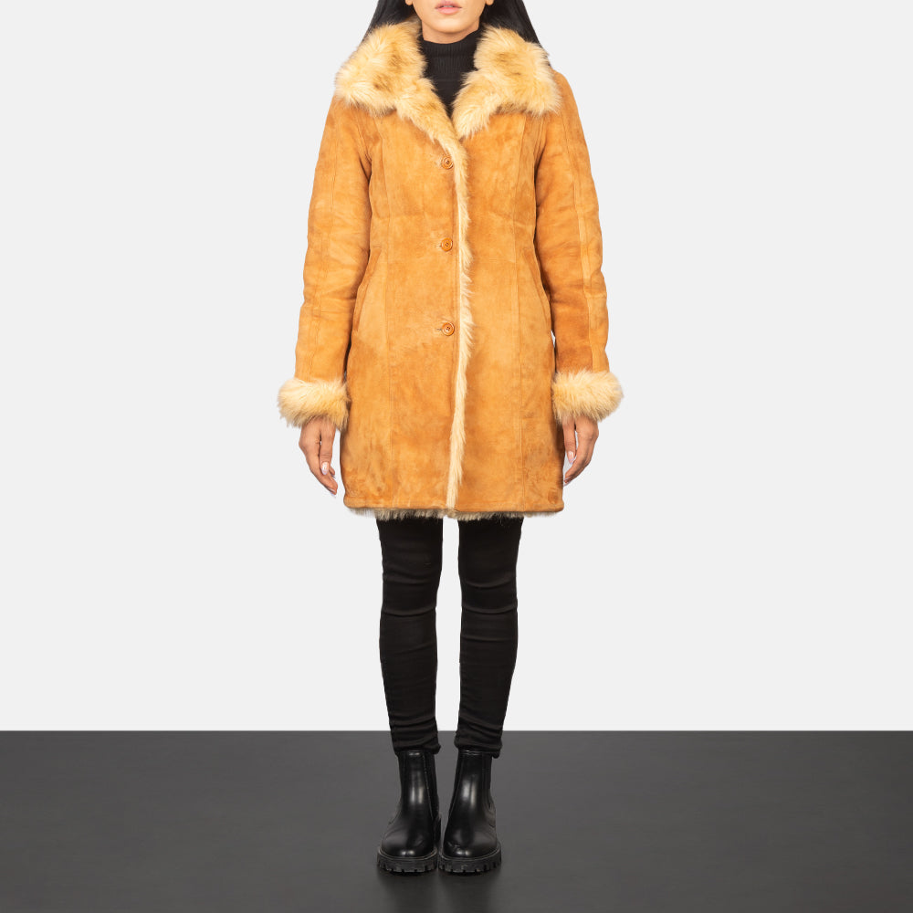 
Women's Erica Beige Leather Coat - Lateral Side Profile View Showing Sleeve Cut & Athletic Taper Fit