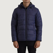 Erico Blue Hooded Puffer Jacket in Blue Full-Grain Leather - Front Profile View &amp; Tailored Silhouette | Buy Online