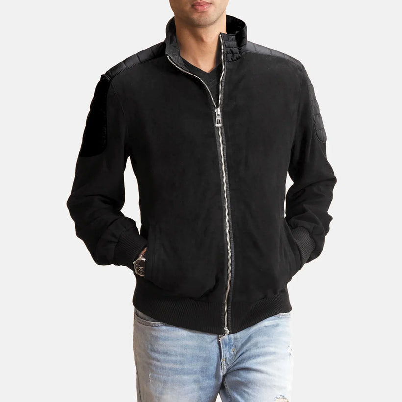 Men's Ethan Hybrid Suede Bomber Jacket in Black Goatskin Suede - Front Profile View & Tailored Silhouette | Buy Online