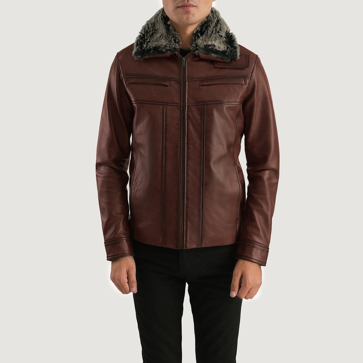 Men's Evan Hart Fur Brown Leather Jacket in Distressed Brown Sheepskin Burnishing - Front Profile View &amp; Tailored Silhouette | Buy Online