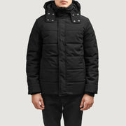 Exton Black Hooded Down Puffer Jacket in Black Full-Grain Leather - Front Profile View &amp; Tailored Silhouette | Buy Online