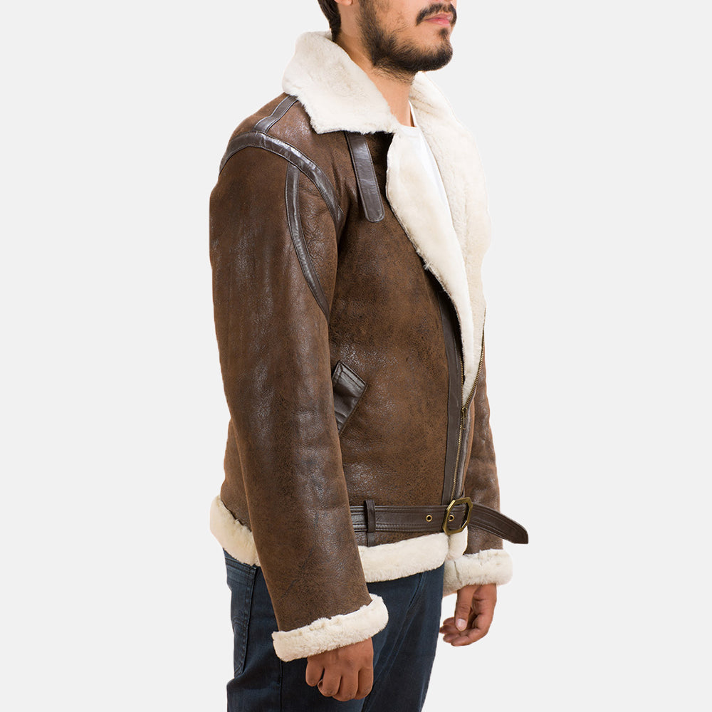 Close-Up Detail of Notch &amp; Zipper with Waist belt Hardware on Men's Forest Double Face Shearling Jacket