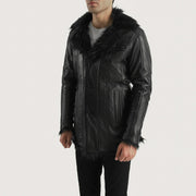 
Black Sheepskin Leather Aviator Jacket - Back View Showing Tailored Shoulder Fit & Clean Hemline