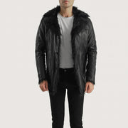 
Men's Furcliff Black Leather Coat - Lateral Side Profile View Showing Sleeve Cut & Athletic Taper Fit