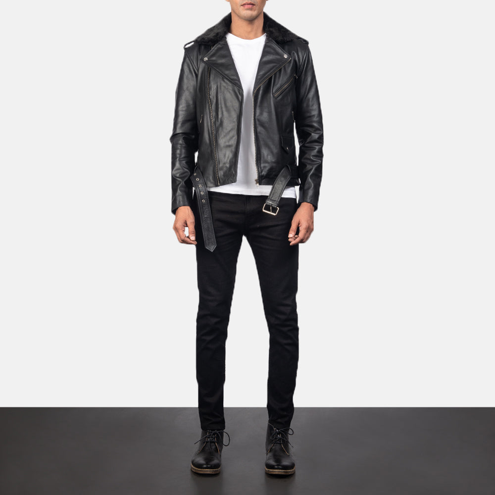 Men's Furton Black Leather Biker Jacket - Lateral Side Profile View Showing Sleeve Cut &amp; Athletic Taper Fit