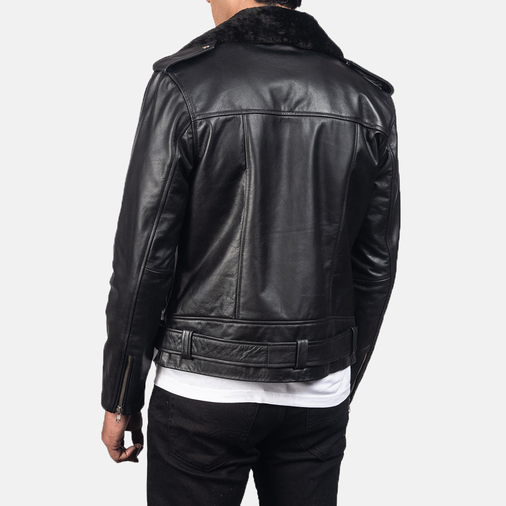 Close-Up Detail of Notch with Removable Fur &amp; Zipper with Waist belt Hardware on Men's Furton Black Leather Biker Jacket