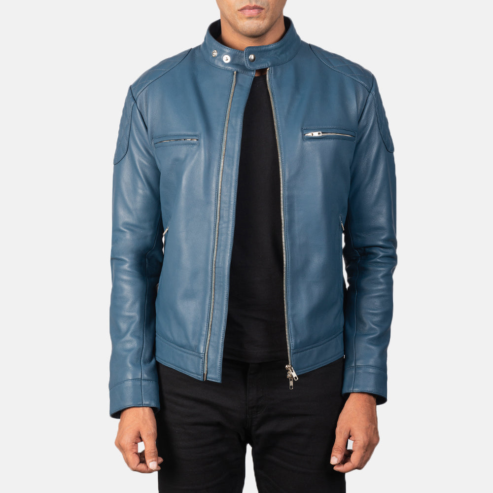 Men's Gatsby Quilted Blue Leather Biker Jacket in Blue Sheepskin Leather - Front Profile View &amp; Tailored Silhouette | Buy Online