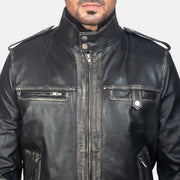 Glen Street Black Leather Bomber Jacket - Lateral Side Profile View Showing Sleeve Cut &amp; Athletic Taper Fit