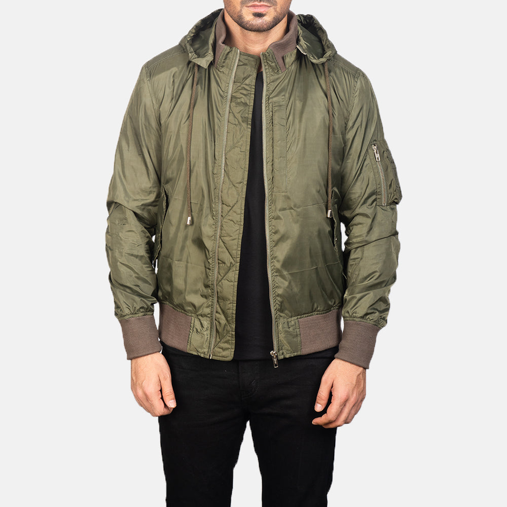 
Men's Hanklin Ma-1 Green Hooded Bomber Jacket in Green Nylon - Front Profile View & Tailored Silhouette | Buy Online