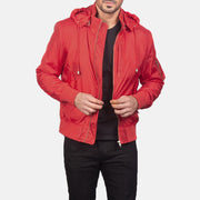 Men's Hanklin Ma-1 Red Hooded Bomber Jacket in Red Nylon - Front Profile View &amp; Tailored Silhouette | Buy Online