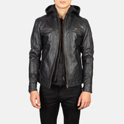 Men's Hector Black Hooded Leather Biker Jacket in Black Cowhide Leather - Front Profile View & Tailored Silhouette | Buy Online