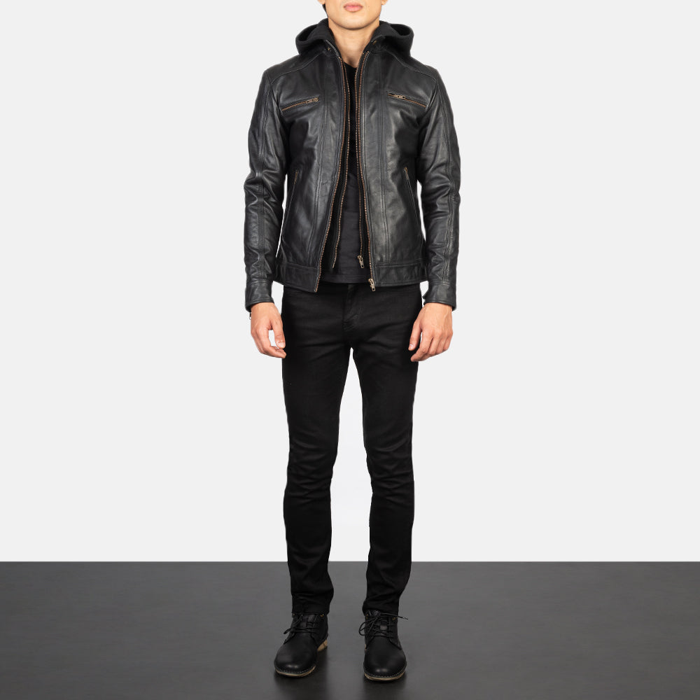 Men's Hector Black Hooded Leather Biker Jacket - Lateral Side Profile View Showing Sleeve Cut & Athletic Taper Fit