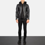 Men's Hector Black Hooded Leather Biker Jacket - Lateral Side Profile View Showing Sleeve Cut & Athletic Taper Fit