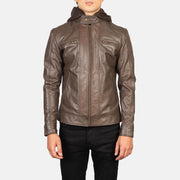 
Close-Up Detail of Band with Snap Button & Zipper Hardware on Men's Hector Brown Hooded Leather Biker Jacket