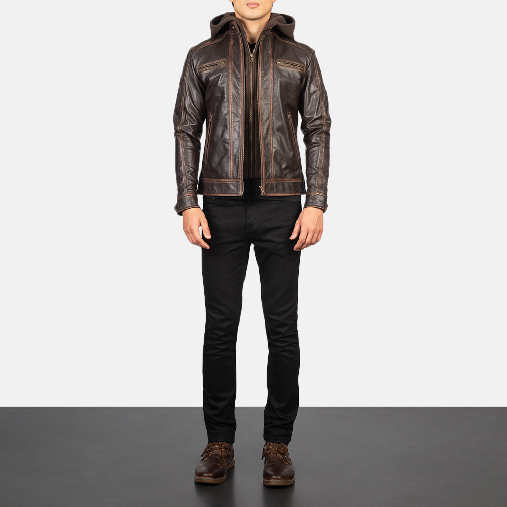 
Men's Hector Vintage Brown Hooded Leather Biker Jacket - Lateral Side Profile View Showing Sleeve Cut & Athletic Taper Fit