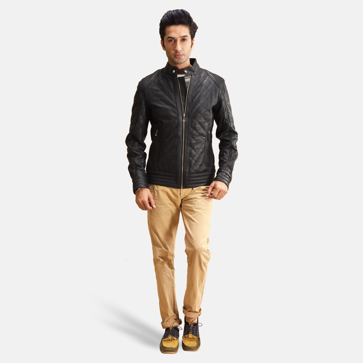 
Henry Quilted Black Leather Jacket - Lateral Side Profile View Showing Sleeve Cut & Athletic Taper Fit