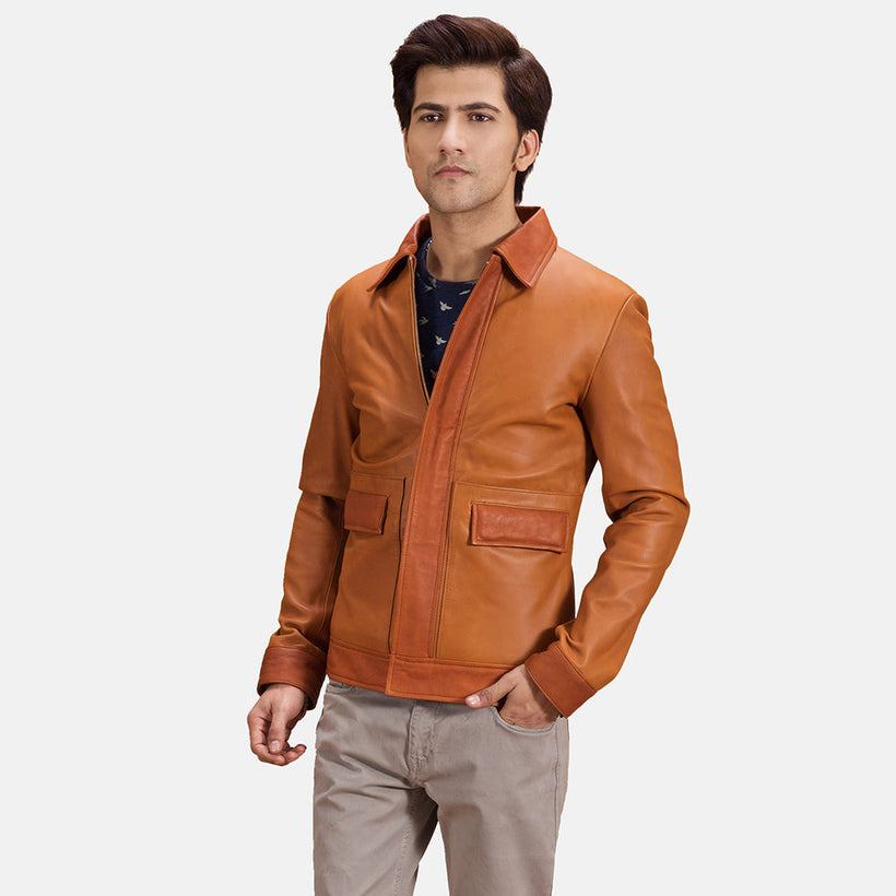 Hubert Tan Brown Leather Jacket in Tan Brown Sheepskin Leather - Front Profile View & Tailored Silhouette | Buy Online