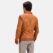 Tan Brown Sheepskin Leather Biker Jacket - Back View Showing Tailored Shoulder Fit &amp; Clean Hemline