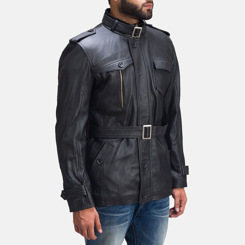 Black Sheepskin leather Coat - Back View Showing Tailored Shoulder Fit & Clean Hemline