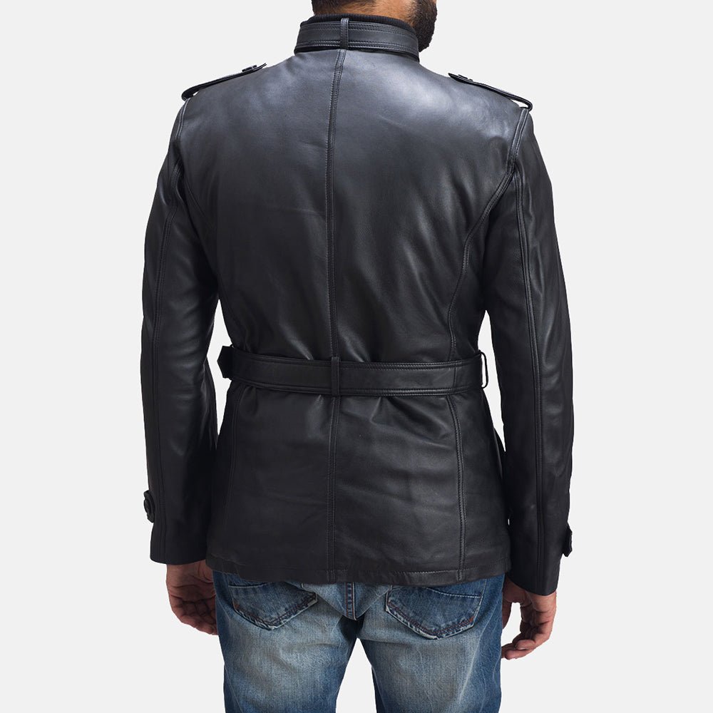 Close-Up Detail of Band with buckle closure &amp; Zipper with button flap and waist belt Hardware on Hunter Black Leather Jacket