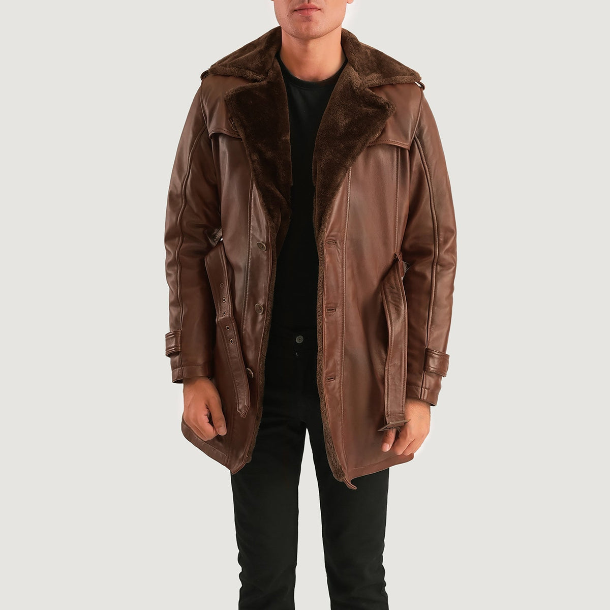
Men's Hunter Distressed Brown Fur Leather Coat - Lateral Side Profile View Showing Sleeve Cut & Athletic Taper Fit