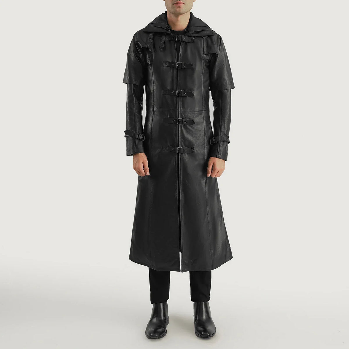 
Huntsman Black Hooded Leather Trench Coat - Lateral Side Profile View Showing Sleeve Cut & Athletic Taper Fit
